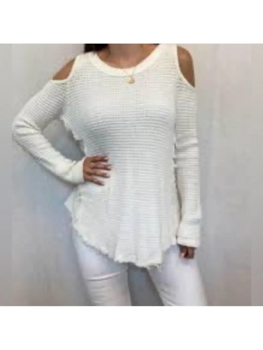 Free People Sunrise Sweater Cold Shoulder Waffle Knit Top Women Size M Cream